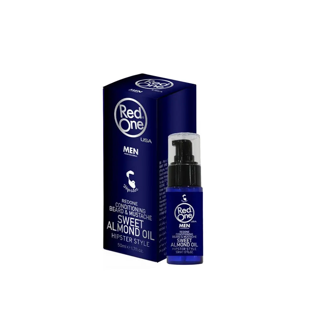 Botella y caja de Aceite Barba Red One Sweet Almond Oil 50 ml de color azul oscuro