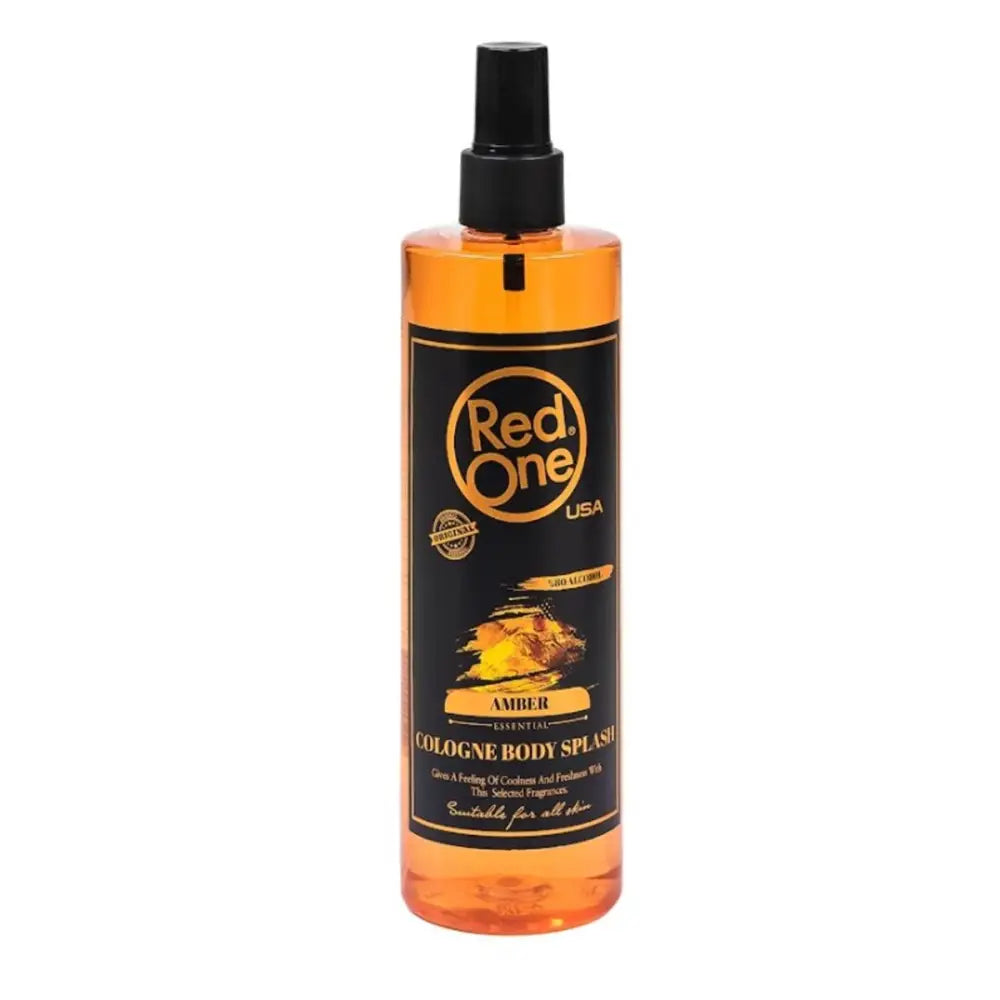 Colonia Amber Body Splash Red One Varon en botella naranja con detalles negros