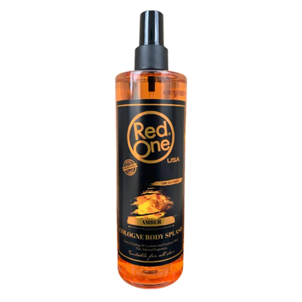 Botella naranja y negra de Amber Body Splash Red One Varon 400 mL