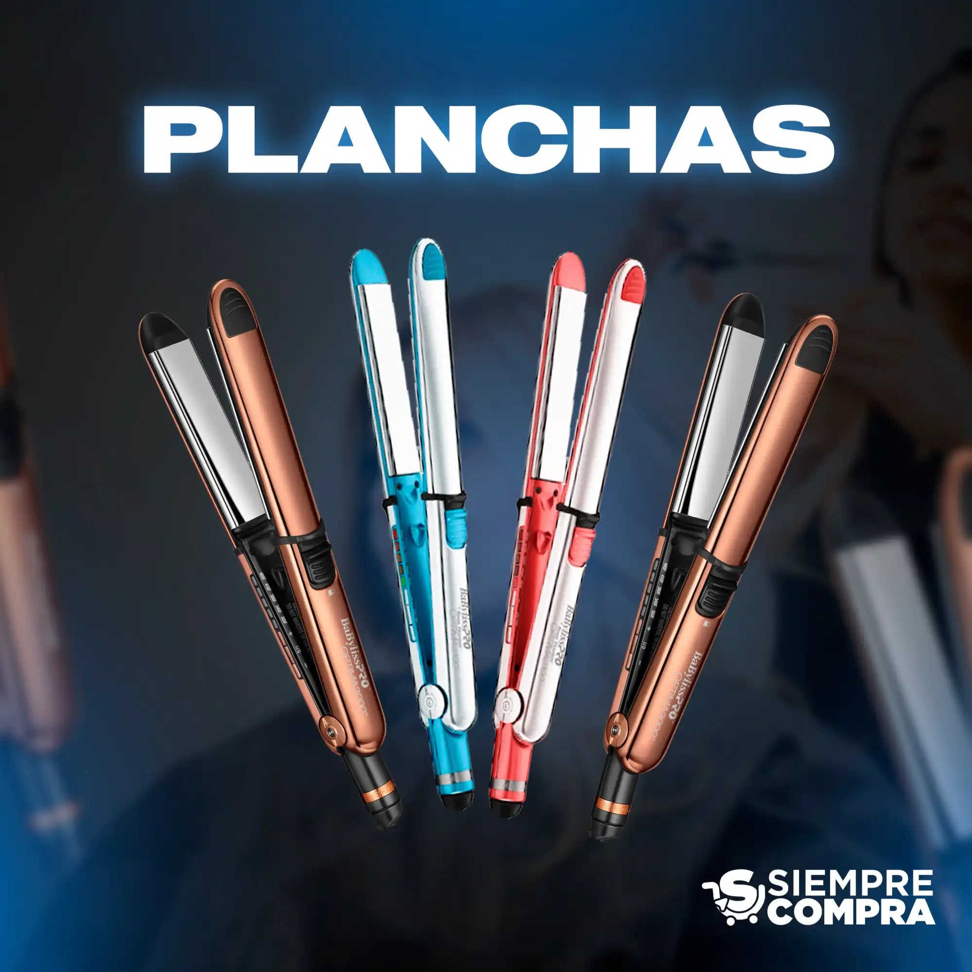 Planchas para el cabello en colores cobre metálico, azul, rojo y negro dispuestas en un patrón de abanico.