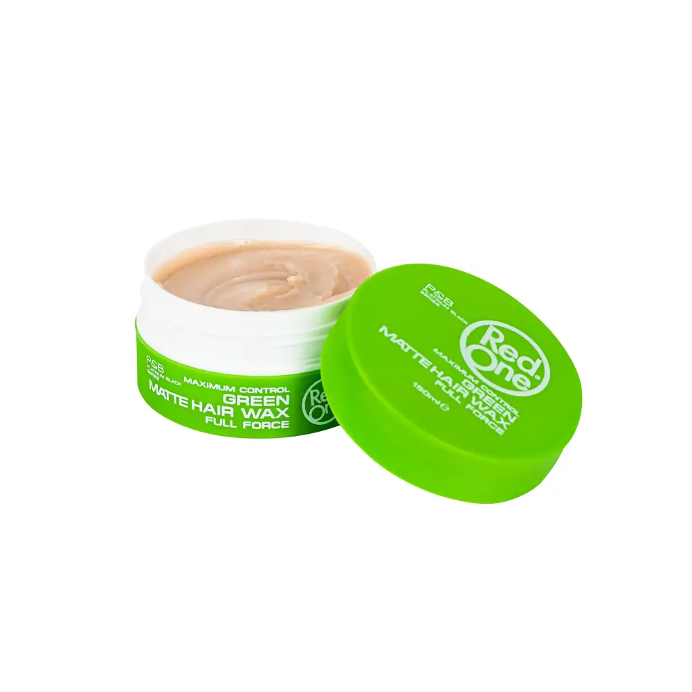 Envase verde y blanco de Cera Peinado Red One Matte Hair Wax con tapa abierta