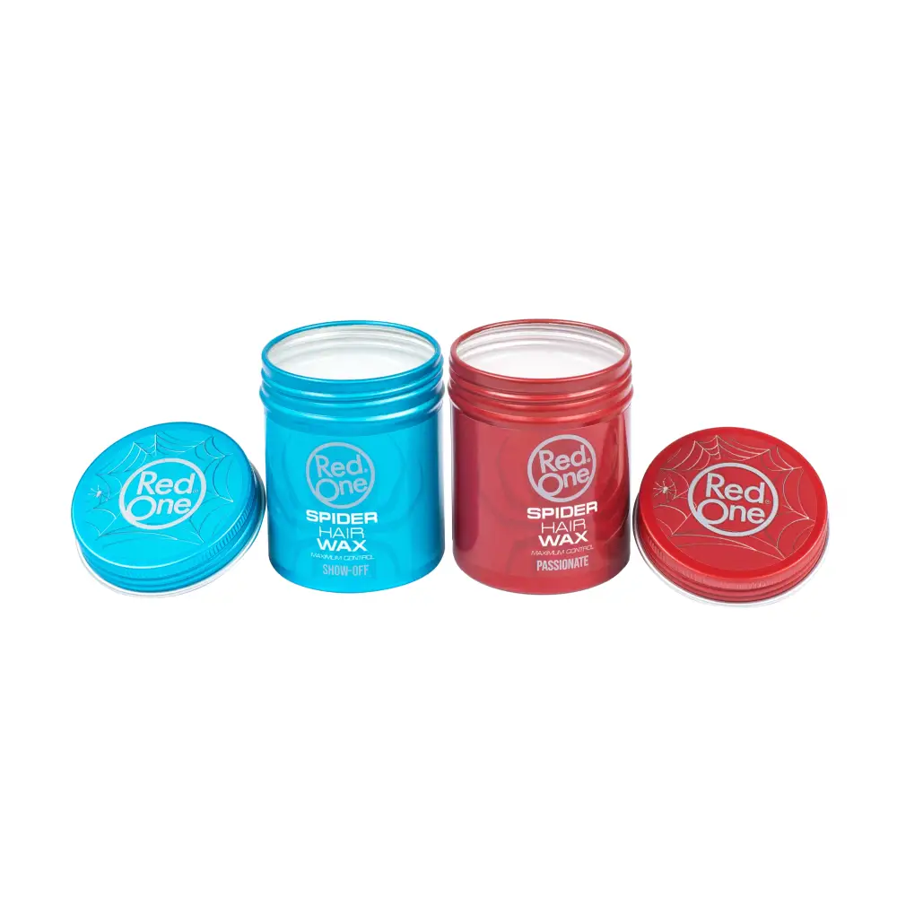 Dos envases de Cera Peinado Red One Spider Hair Wax en rojo y azul con tapa