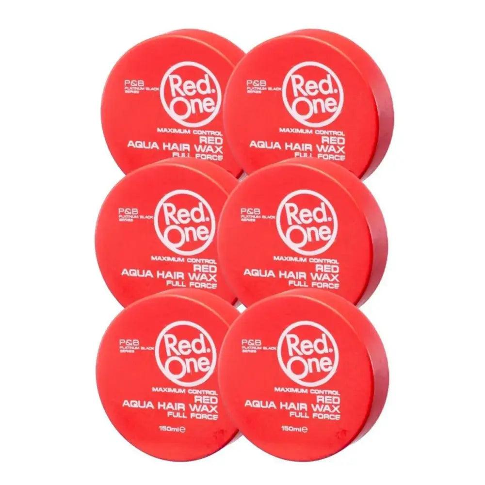 Seis envases rojos de Cera Red One Aqua Hair Wax 150ml en fila