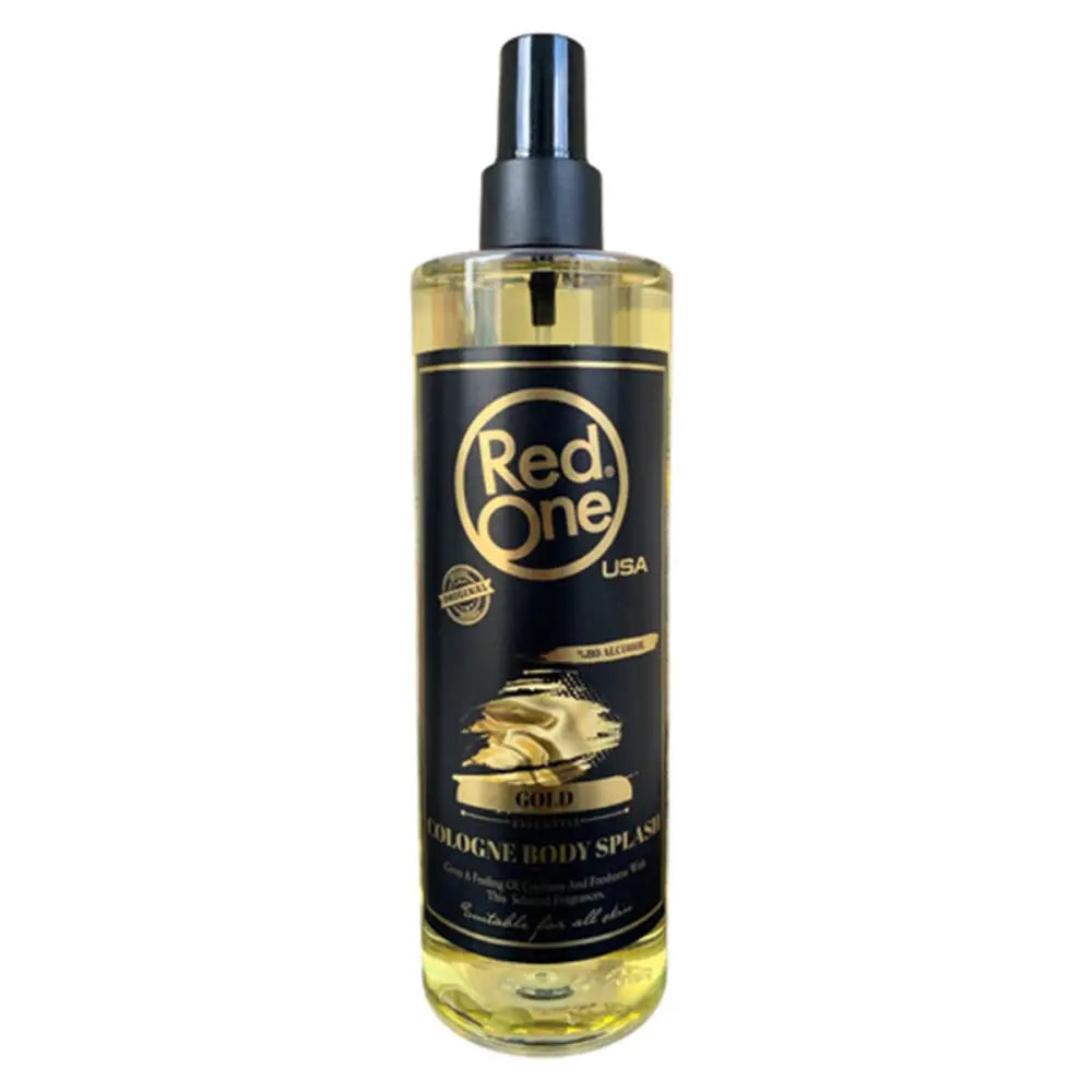 Botella negra y dorada de Red One Gold Body Splash para hombre, 400 mL