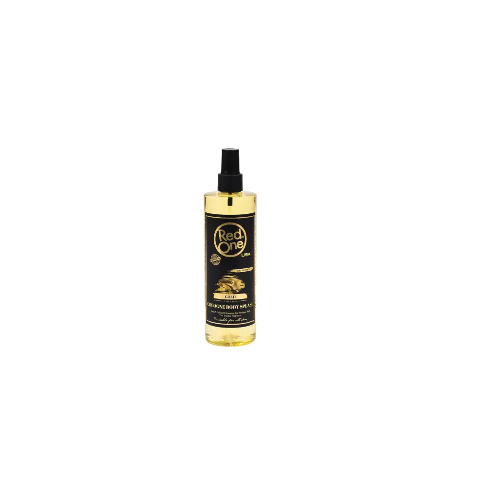 Botella dorada con acentos negros de Body Drench, ideal para hombre gold body splash