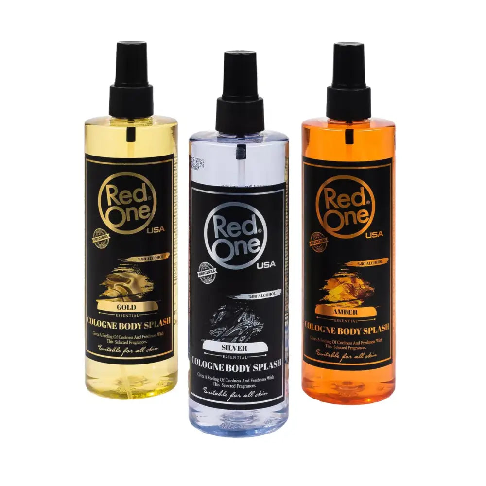 Tres botellas de RedOne en oro, transparente y naranja de Body Splash Varón