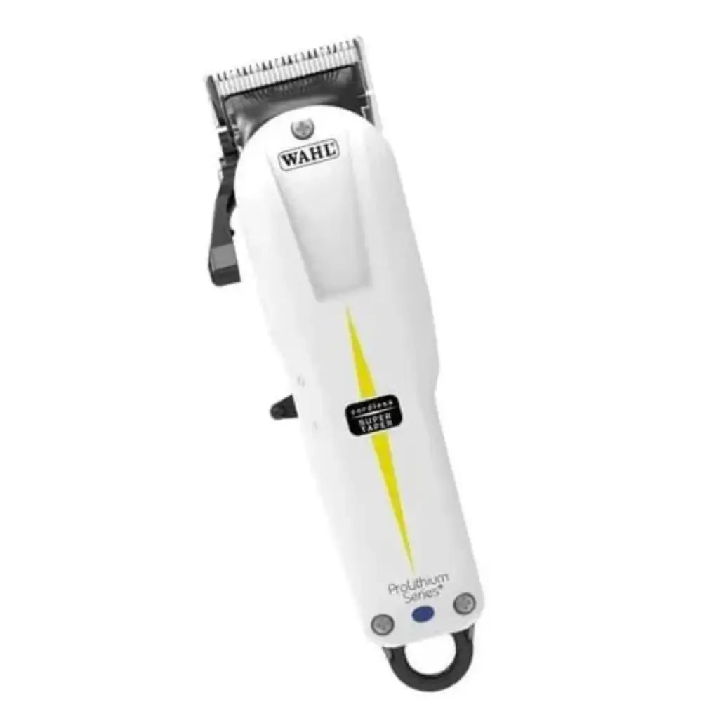 Cortadora de Pelo Wahl Professional Super Taper Cordless Blanca con diseño de rayo amarillo