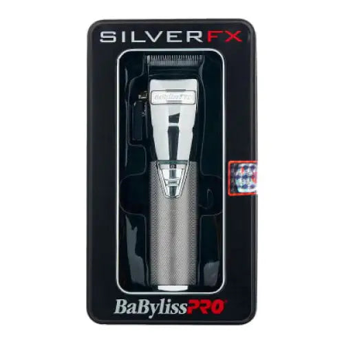 Cortapelo BaByliss SilverFX en caja, con motor Ferrari y diseño negro y plateado