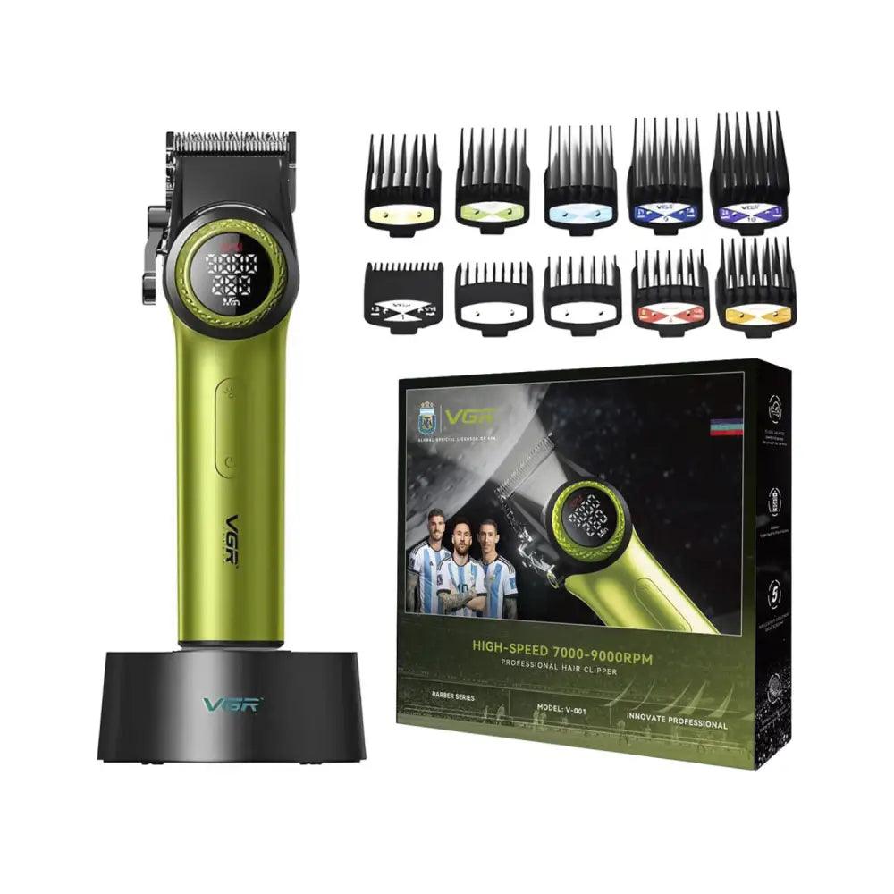 Cortapelo Vgr 001 en color verde con pantalla digital y múltiples accesorios para cabello