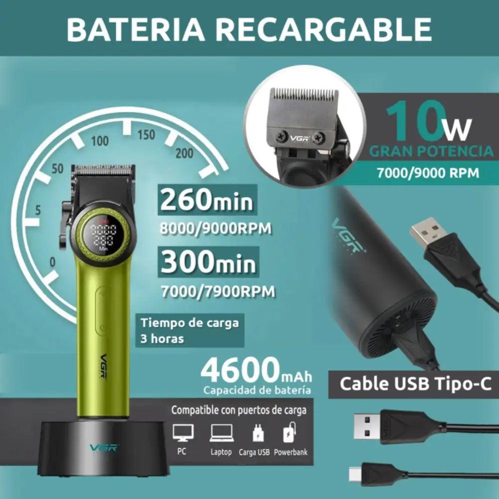 Cortapelo VGR 001 para cabello color verde con carga USB-C y batería de 4600mAh