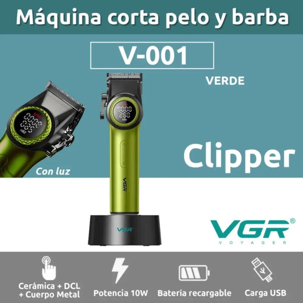 Cortapelo VGR 001 en color verde, ideal para cabello con LED y base de carga