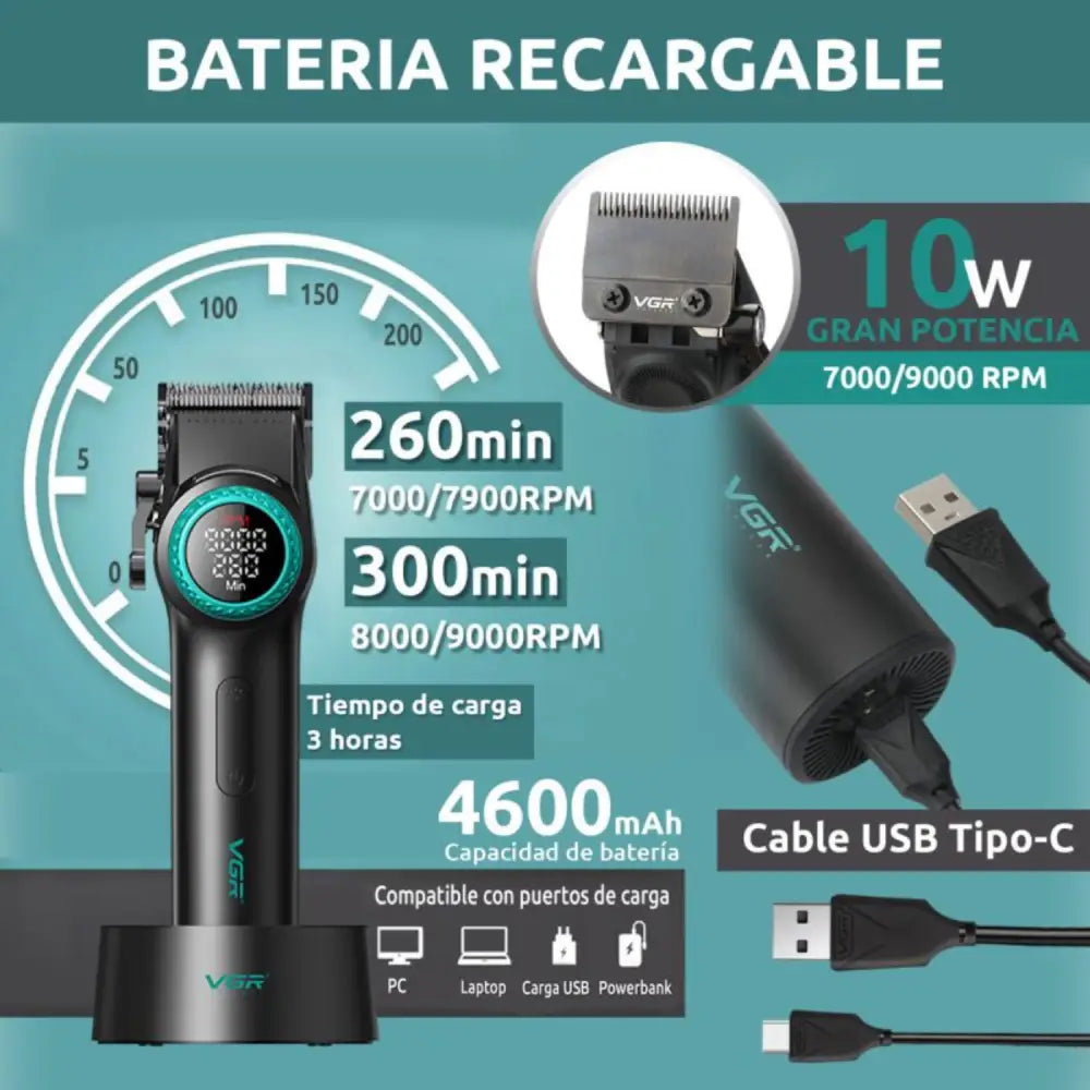 Cortapelo VGR001 clipper profesional inalámbrico con batería de 4600mAh y carga USB-C