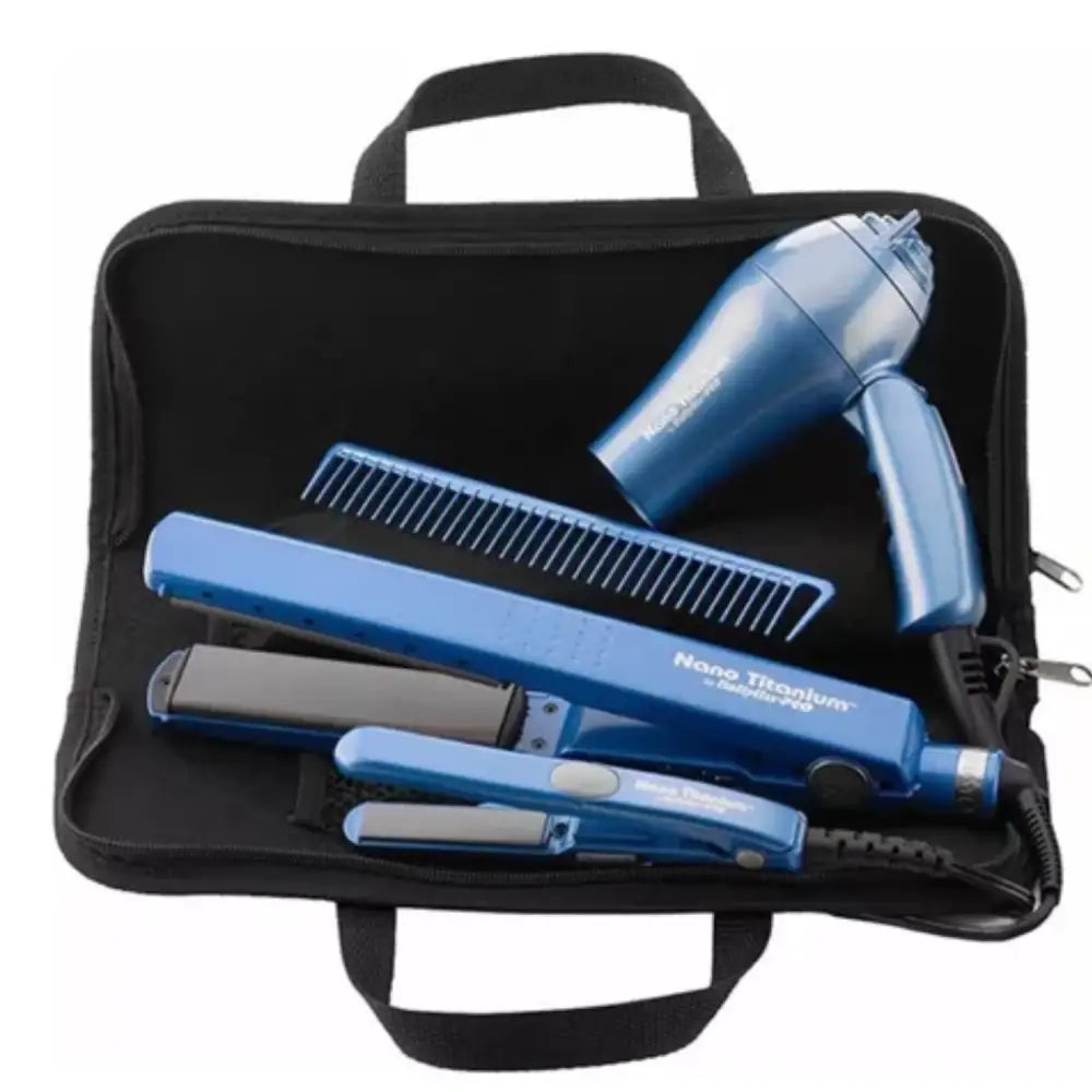 Set de herramientas de peinado azul en estuche negro del Kit Travel Planchas Babylisspro