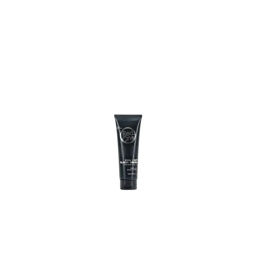 Tubo cosmético negro con texto plateado de Mascarilla Facial Red One Peel Off Black