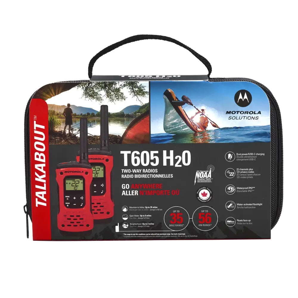 Paquete de Motorola T605 Talkabout H2O 56km en estuche rojo y negro