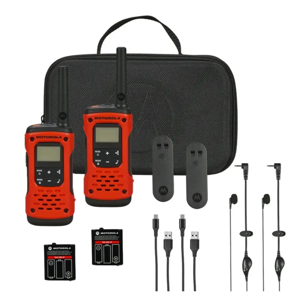 Radios Motorola T605 Talkabout H2O 56km con accesorios de carga y estuche color naranja