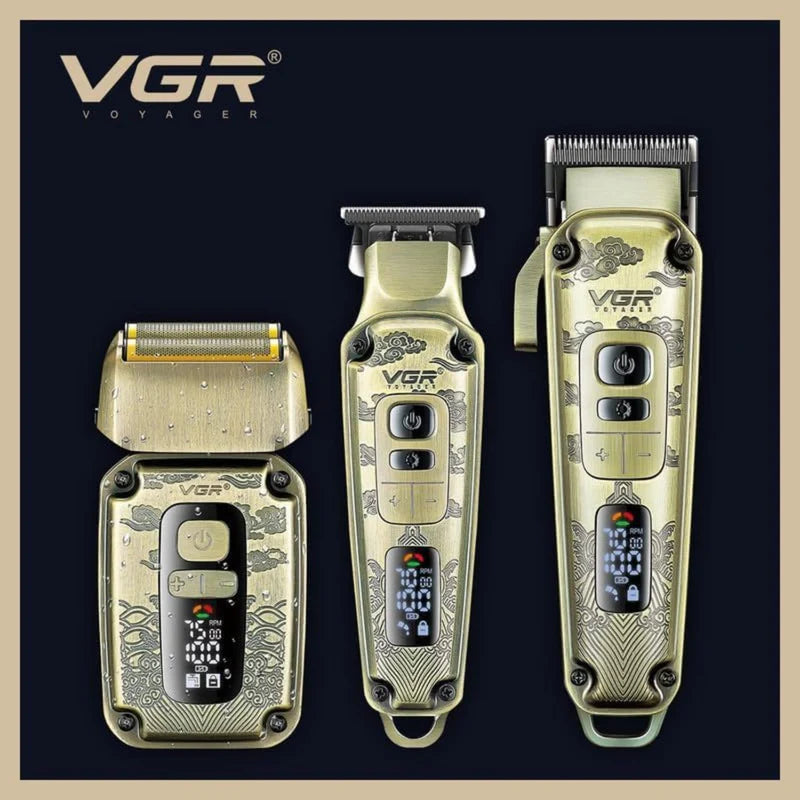 Kit Barbería VGR V-642 Dorado 3 En 1 Cortapelo Trimmer Afeitadora