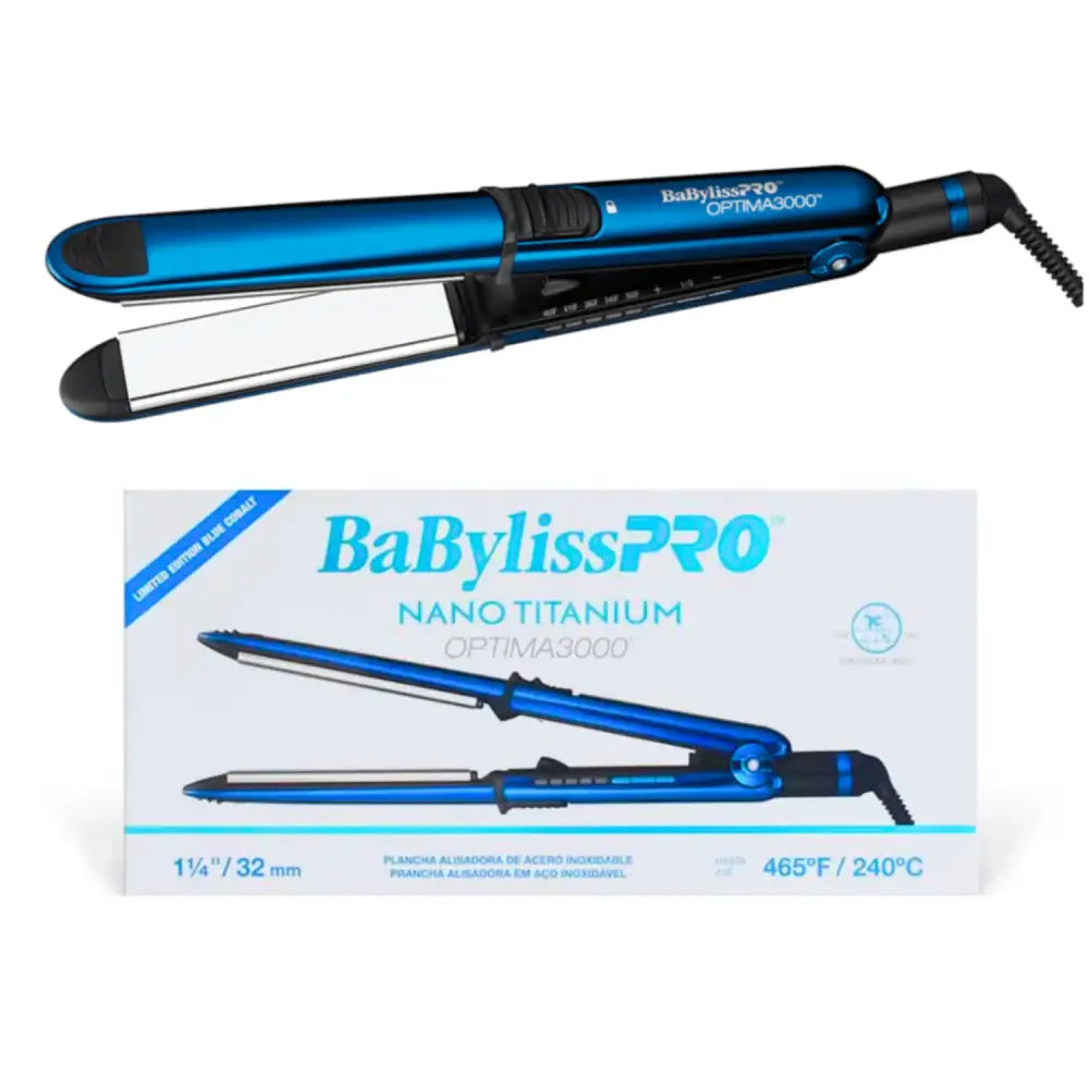 Plancha De Pelo Babyliss Pro Optima 3000 32MM Azul y su caja en imagen