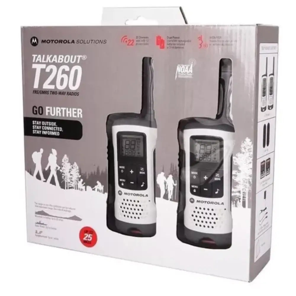 Set de radio comunicador Motorola T260 en empaque retail, ideal para aventuras