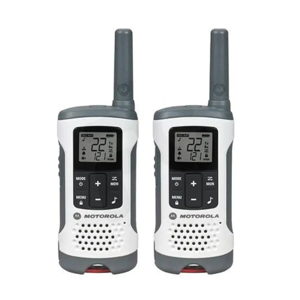 Par de walkie-talkies Motorola T260 en blanco y gris con pantallas LCD