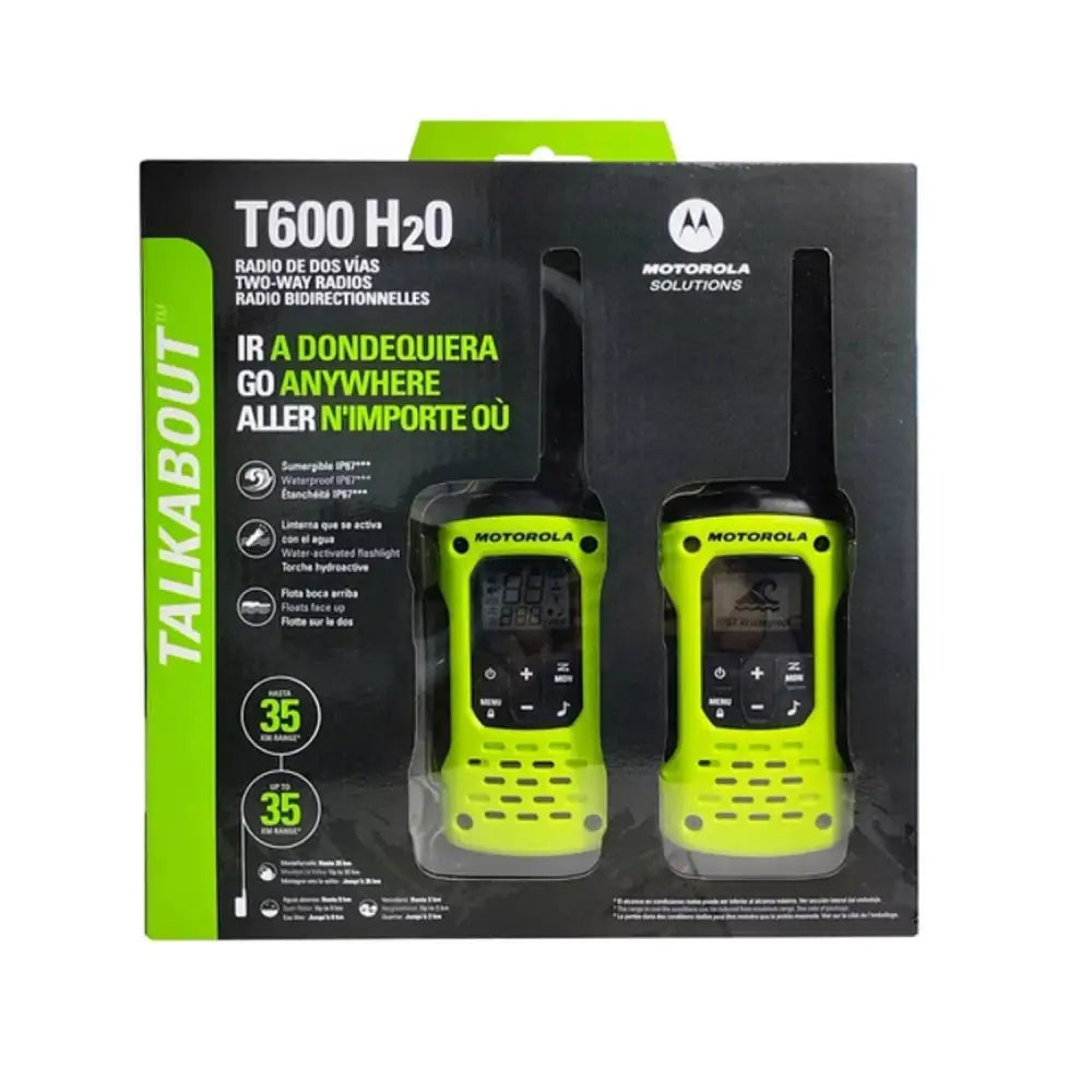 Radio Comunicador Motorola T600 en paquete verde neón, resistente al agua y con 35 millas