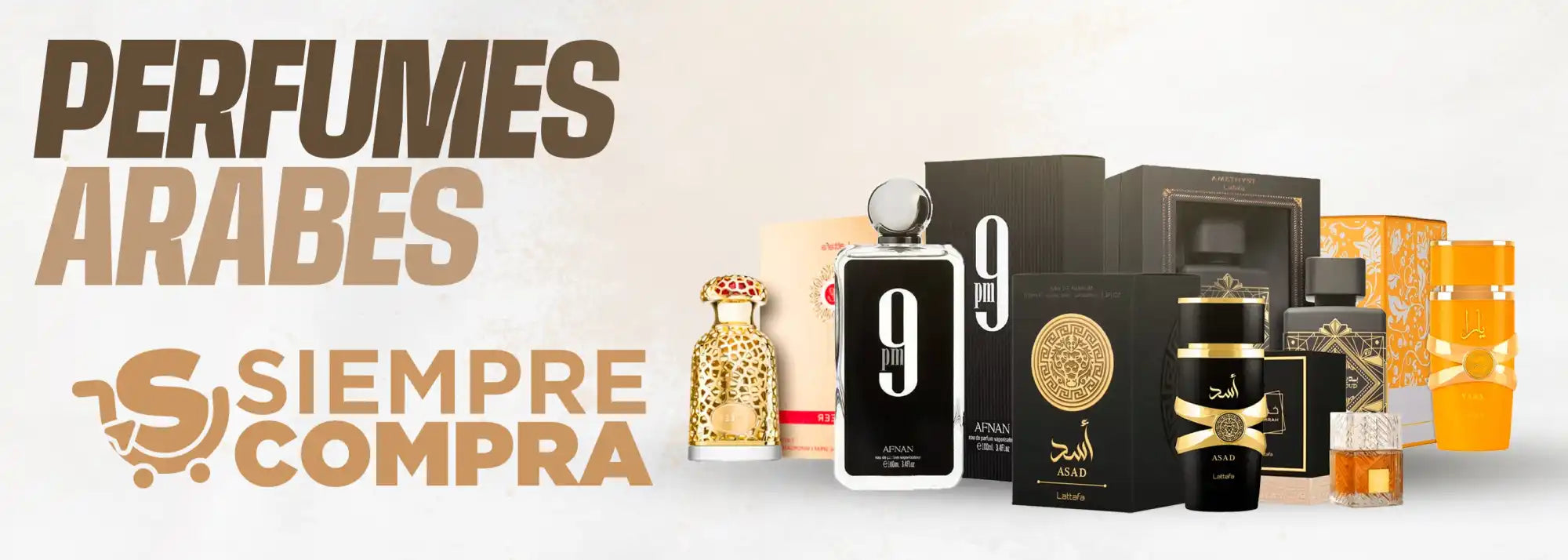 Colección de botellas de perfume árabe y empaques exhibidos en un banner promocional.