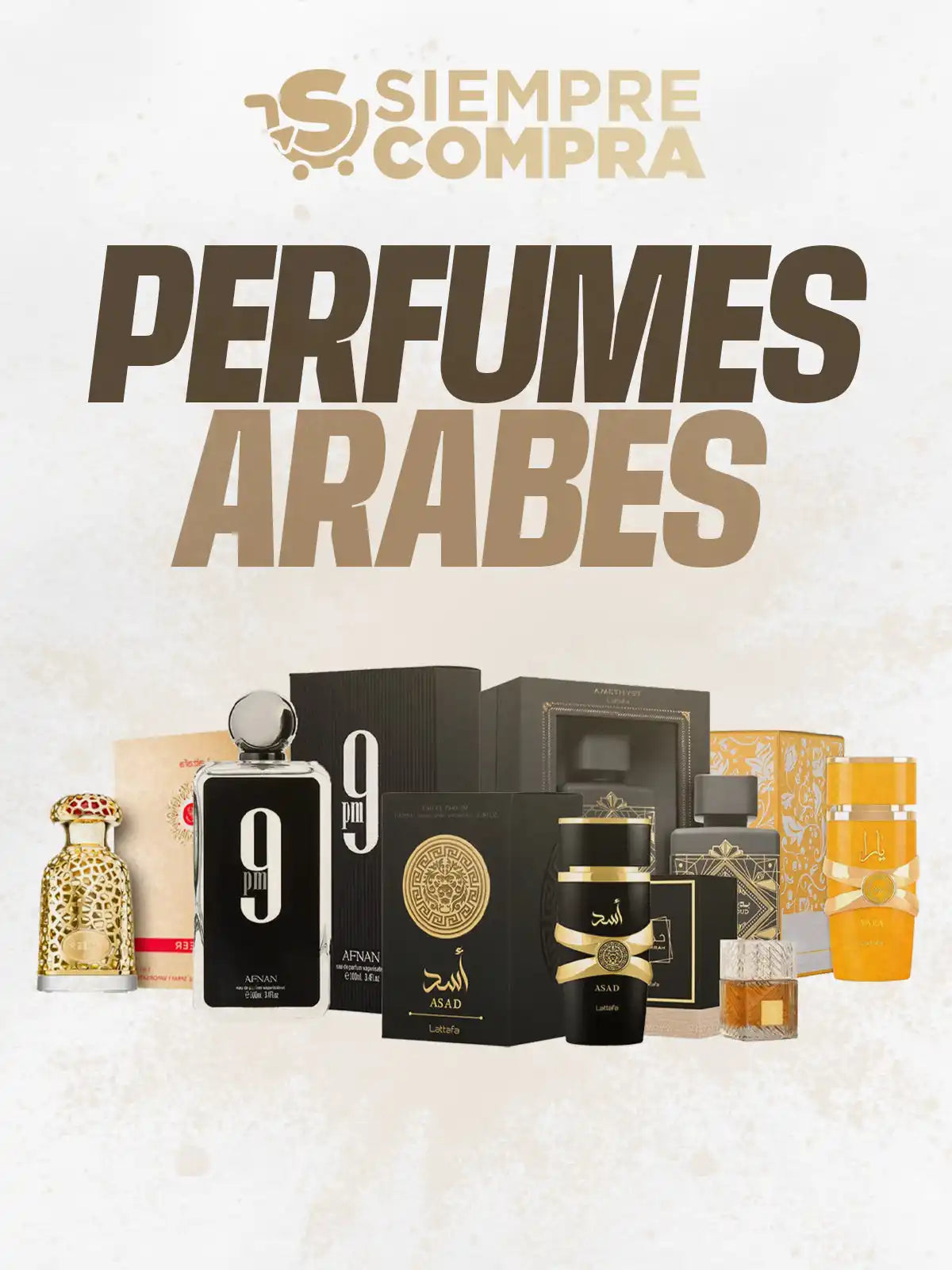 Colección de botellas de perfume árabe de lujo y empaques exhibidos juntos.