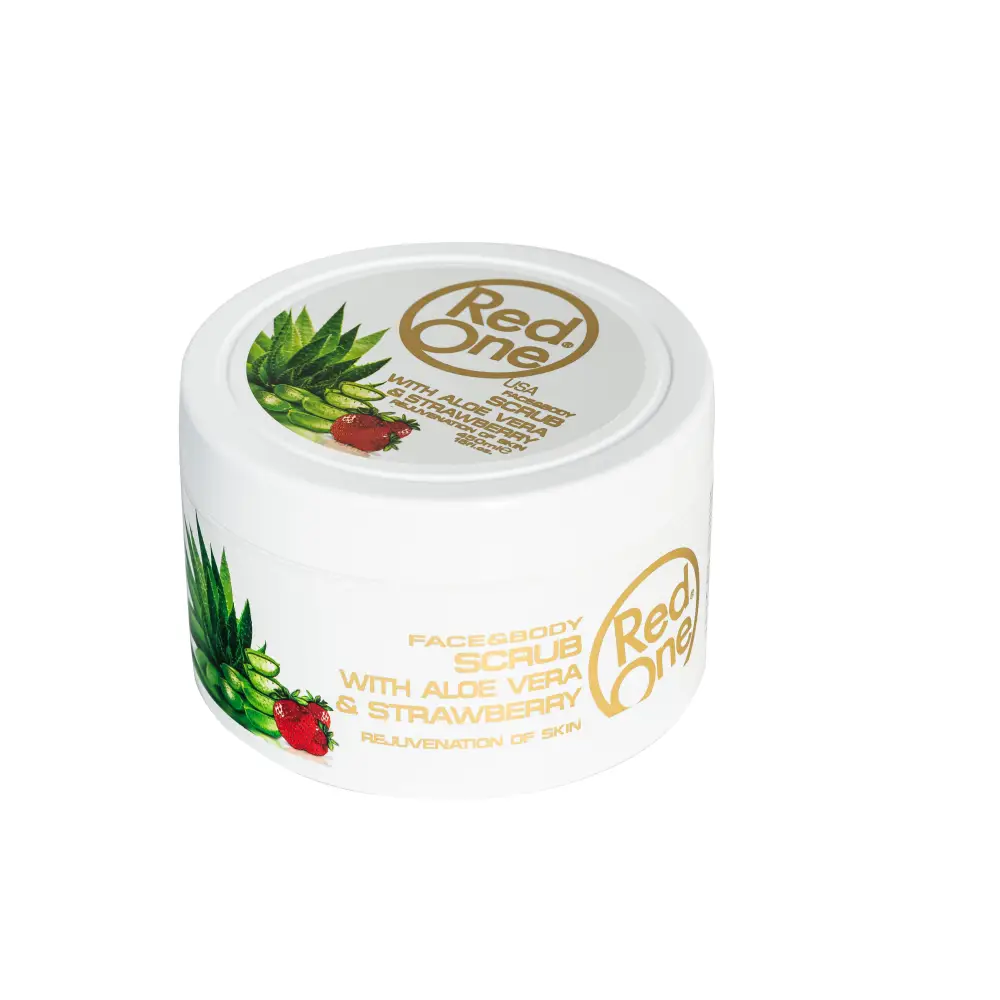 Frasco de crema blanca Red One Exfoliante Facial Hombre con ilustraciones de aloe y fresa