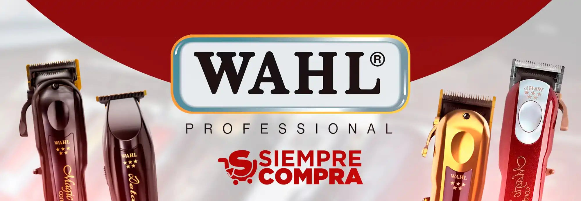 Logo de WAHL Professional mostrado entre máquinas de cortar cabello y recortadoras.