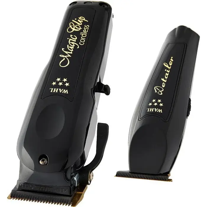 Clipper negra profesional Wahl Cordless Barber Combo con detalles dorados y estrellas