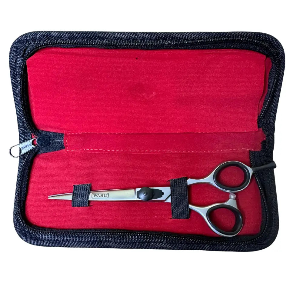 Tijera profesional Wahl en estuche rojo, filo navaja acero inoxidable para un corte perfecto