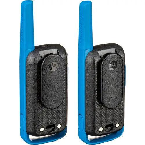 Dos radios comunicadores Motorola T270 en azul y negro, alcance de 25 millas