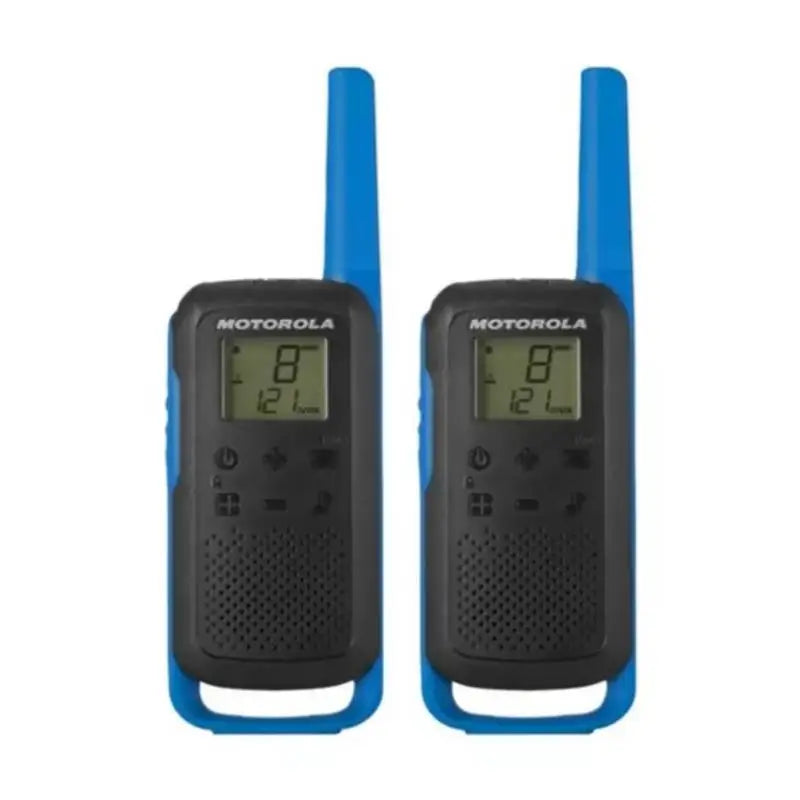 Par de walkie-talkies Motorola T270 Azul y Negro con pantallas LCD, alcance 25 millas