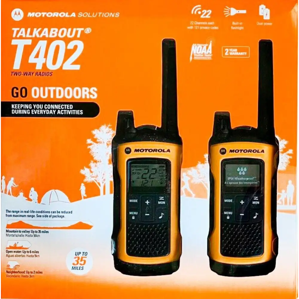 Radio comunicador Motorola Talkabout T402 en naranja y negro, ideal para aventuras