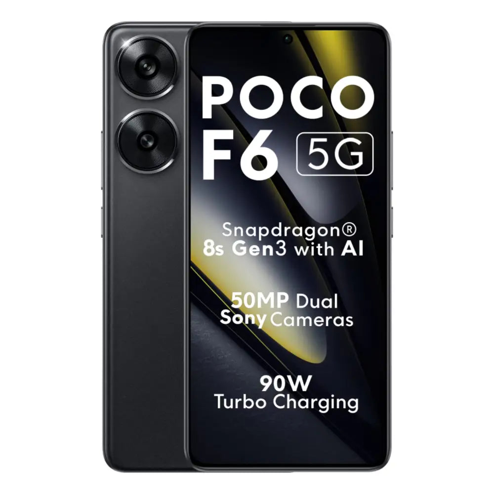 POCO F6 5G smartphone color negro con cámaras duales y procesador Snapdragon